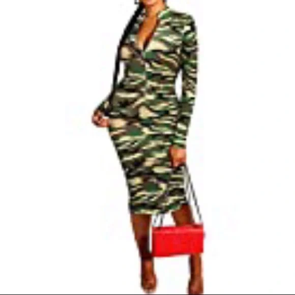 🎉3 For $20 Or $8 Each Camo Printed Zipper Neck Knit Bodycon Midi Dresses - Picture 6 of 9